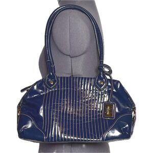 Vintage Y2K Navy Yellow Stitch Patent Bowler Bag Purse MAXX New York DAMAGED